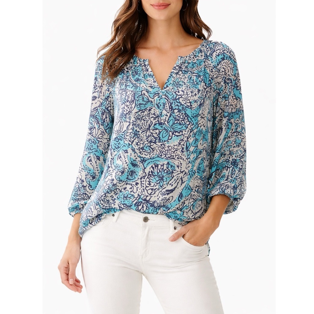 Lilly Pulitzer Sarabeth 100% Silk Blouse Shorely Blue Hippy Hippy Shake Print L